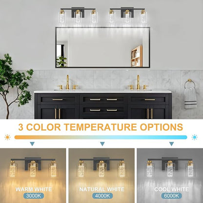 3-Light Black & Gold Bathroom Vanity Light with 3 Color Modes (3000K/4000K/6000K), Dimmable Modern Wall Light Over Mirror with Clear Glass Shade