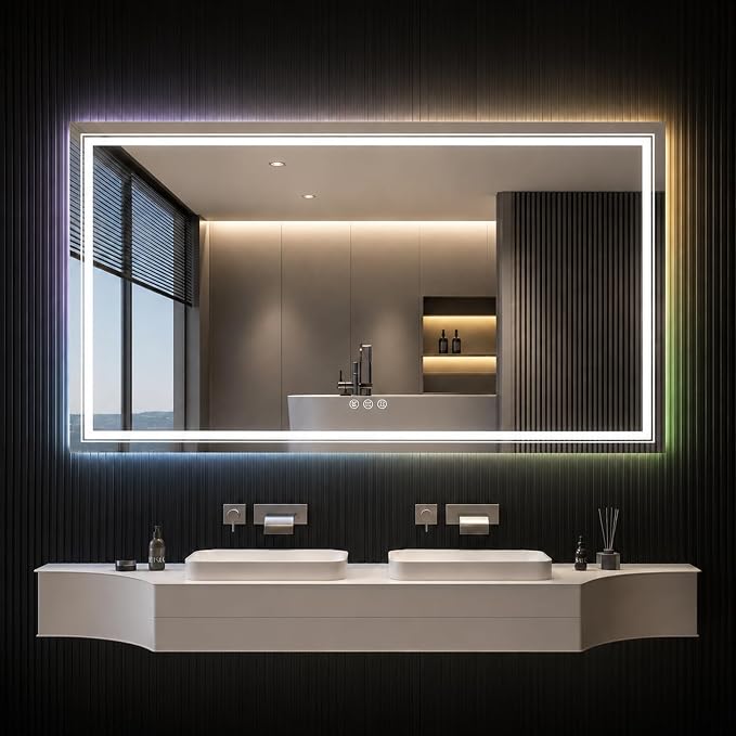 Snowdool 77 x 36 in RGB LED Bathroom Mirror, Front and Backlit, Anti-Fog | 8 RGB Backlight Modes, 3 Front Light Colors, Anti-Fog, Tempered Glass