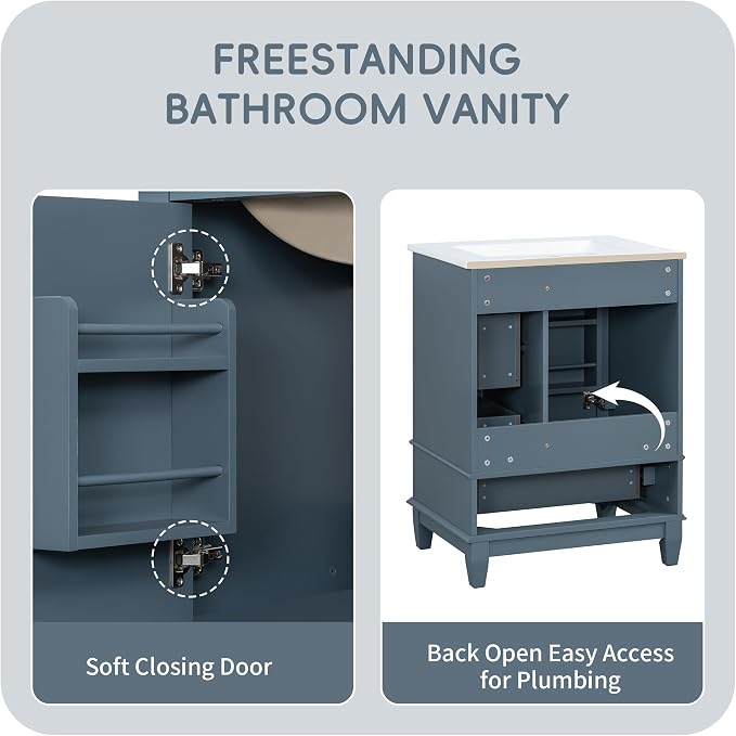 Bathroom Vanity with Ceramic Sink 24 Inch, Cabinet with One Door and Three Drawers, Soft-Closing Door, Solid Wood Legs, Blue Gray