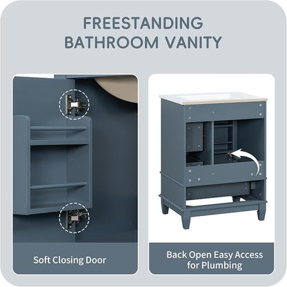 Bathroom Vanity with Ceramic Sink 24 Inch, Cabinet with One Door and Three Drawers, Soft-Closing Door, Solid Wood Legs, Blue Gray
