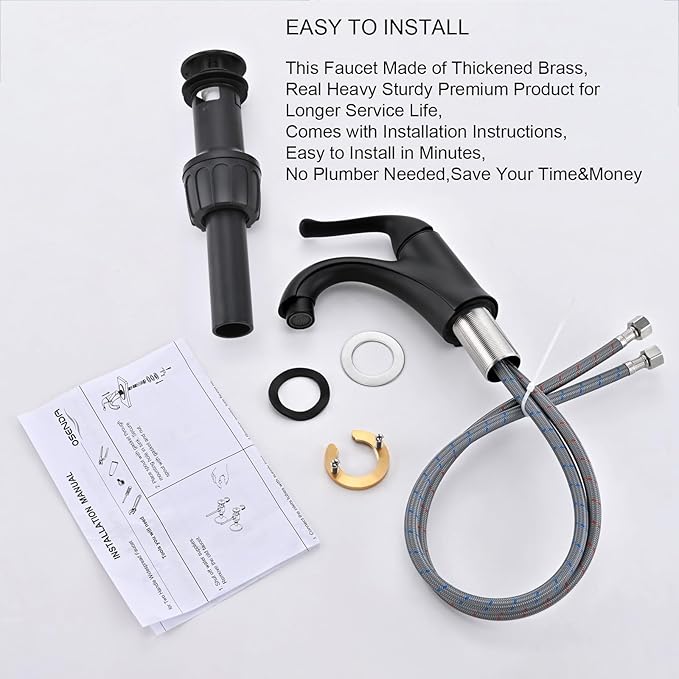 Matte Black Bathroom Faucet 1 Hole Brass Single Hole Handle Bathroom Faucets for Sink RV Vanity Faucet with Pop-up Drain and Flexible Hoses, Made of Heavy-Duty Thickened Brass and Metal (Black)