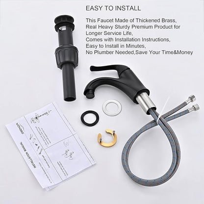 Matte Black Bathroom Faucet 1 Hole Brass Single Hole Handle Bathroom Faucets for Sink RV Vanity Faucet with Pop-up Drain and Flexible Hoses, Made of Heavy-Duty Thickened Brass and Metal (Black)