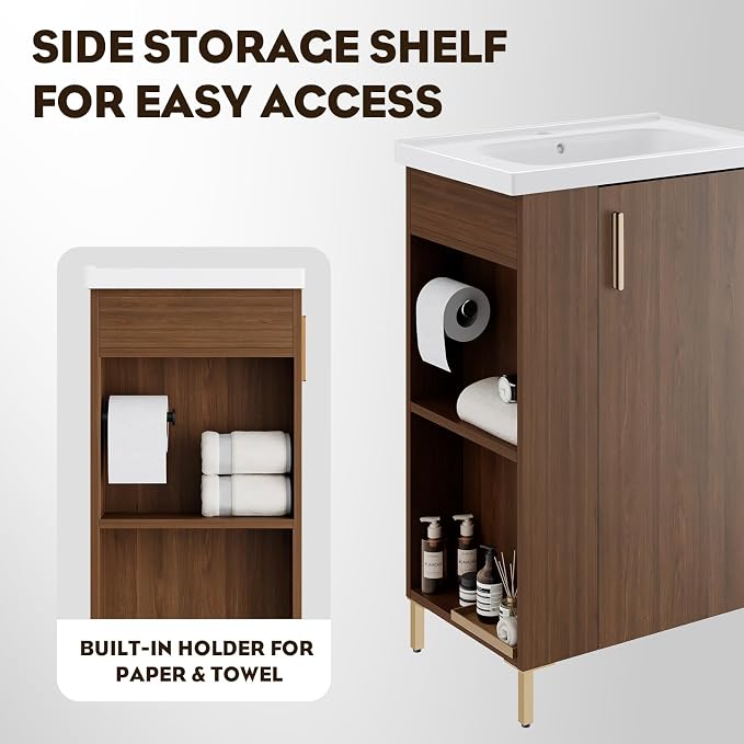 Pre-Assembled 20 Inch Small Bathroom Vanity, Freestanding Walnut Bathroom Cabinet with Ceramic Sink, Soft-Close Door, Left Side Storage, No Faucet, BV05-20-WALNUT-PLUS