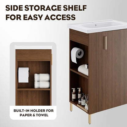 Pre-Assembled 20 Inch Small Bathroom Vanity, Freestanding Walnut Bathroom Cabinet with Ceramic Sink, Soft-Close Door, Left Side Storage, No Faucet, BV05-20-WALNUT-PLUS