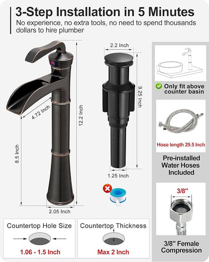 Tall Vessel Sink Faucet, Oil Rubbed Bronze Bathroom Faucet Waterfall Bathroom Faucets One Hole, Brass Bathroom Sink Faucet Single Handle with Pop-Up Drain & Water Hoses, 5 Mins Install