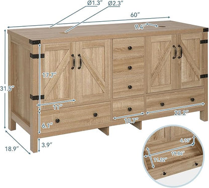60 inch Natural Color Bathroom Vanity, Rustic Fixture Standing Pedestal Cabinet with Two Black Ceramic Vessel Sinks