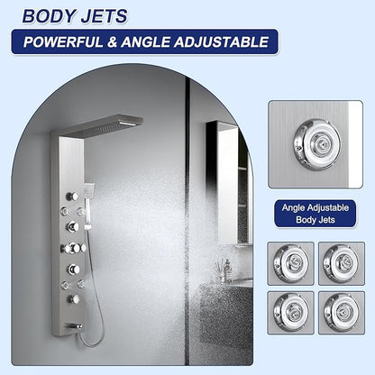 ROVATE 6 in 1 Shower Panel Tower System with Rainfall Waterfall Head, Brushed Shower Tower with Body Jets and Rainfall and Handheld, Tub Spout, Brushed Stainless Steel Shower Column High Pressure