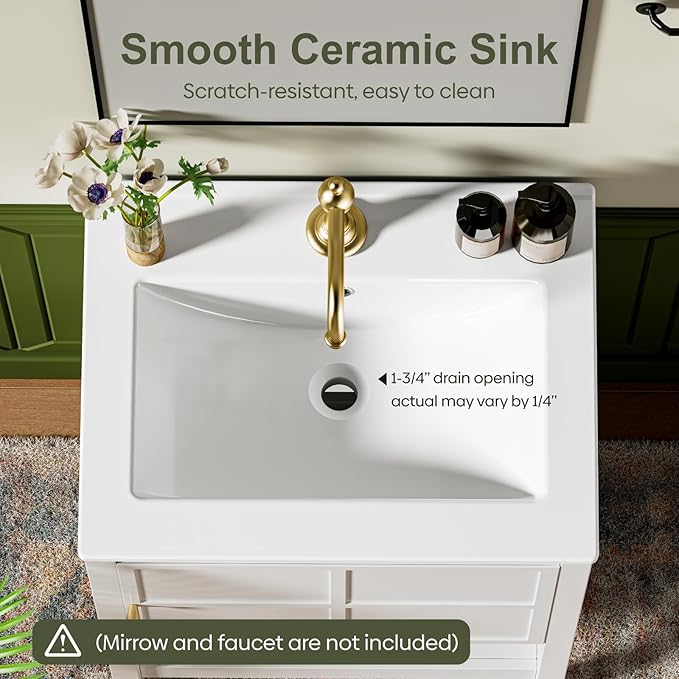 24 Inch Bathroom Vanity with Sink, Small Farmhouse Freestanding Bathroom Cabinet Combo Set, Soft Closing Door and Open Storage Shelf, White