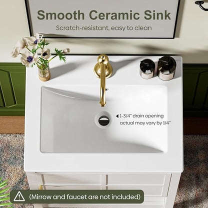 24 Inch Bathroom Vanity with Sink, Small Farmhouse Freestanding Bathroom Cabinet Combo Set, Soft Closing Door and Open Storage Shelf, White