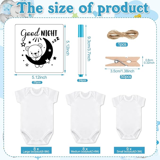 Panitay 126 Pcs Baby Shower DIY Bodysuit Set Bib 25 Blank White Newborn Bodysuit 25 Stencils 24 Marker 1 Sign 50 Pins(Blue Elephant)