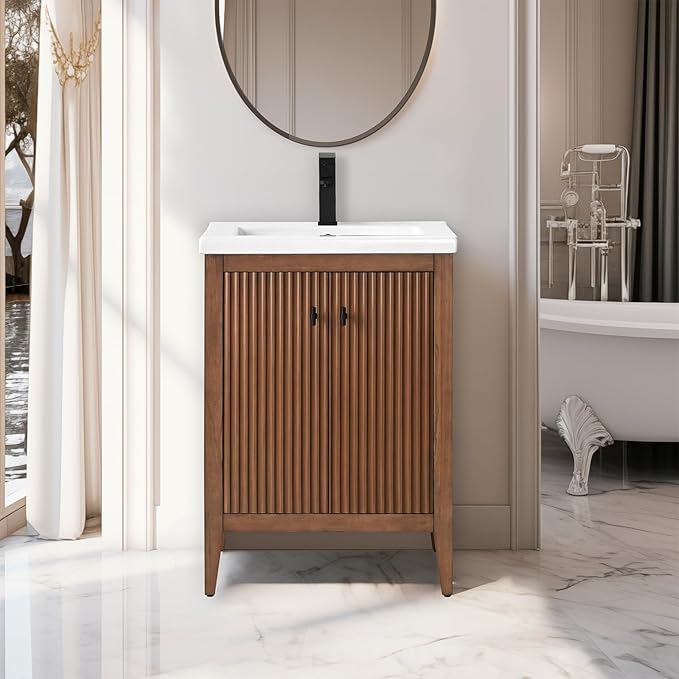Vanity Art 24 inch Walnut Bathroom Vanity with Single Sink & Ceramic Top, Vanity Cabinet with Soft-Closing Door, Solid Wood Frame, Linear Pattern, Walnut, VA9124-Walnut-MB,Matte Black Handles