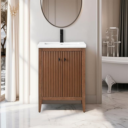 Vanity Art 24 inch Walnut Bathroom Vanity with Single Sink & Ceramic Top, Vanity Cabinet with Soft-Closing Door, Solid Wood Frame, Linear Pattern, Walnut, VA9124-Walnut-MB,Matte Black Handles