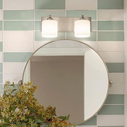 mirrea 2-Light Brushed Nickel Bathroom Vanity Light with White Glass Shades | Over Mirror,Wall Sconce,ETL listed,Bathroom Lighting Fixtures,Elegant Design,Milk White Glass Shade,Easy Installation