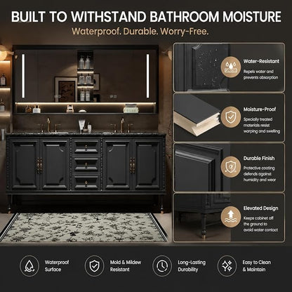58 in Double Bathroom Vanity with Sinks - Modern Floating Bathroom Vanity with Solid Wood Cabinet, Anti-Fog Mirror and Integrated Stone Sinks | Wall Mounted Design | Ample Storage