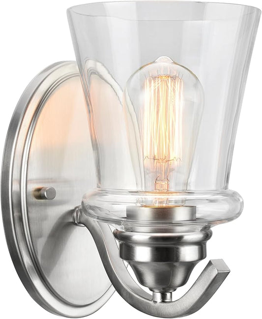 Aspen Creative 62115-1, One-Light Metal Bathroom Vanity Wall Light Fixture, 5 3/8" Wide, Transitional Design in Satin Nickel with Clear Glass Shade