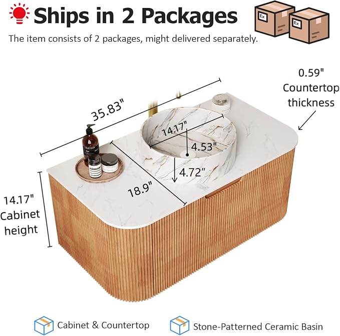 36" Floating Bathroom Vanity with Sink, Nature Wood Plywood Base | Plywood Cabinet, Single Sink, Doubel Sink, Ceramic Basin & Marble Countertop, Pre-Assembled