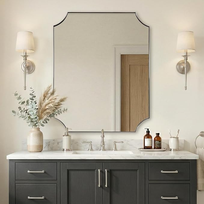 24"x30" Brushed Nickel Vanity Mirror, Scalloped Rectangle Mirror, Silver Wall Mirror in Rustproof Stainless Steel Thin Frame, Aesthetic Scalloped Corners, Designed for Bathroom Remodel