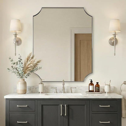 24"x30" Brushed Nickel Vanity Mirror, Scalloped Rectangle Mirror, Silver Wall Mirror in Rustproof Stainless Steel Thin Frame, Aesthetic Scalloped Corners, Designed for Bathroom Remodel