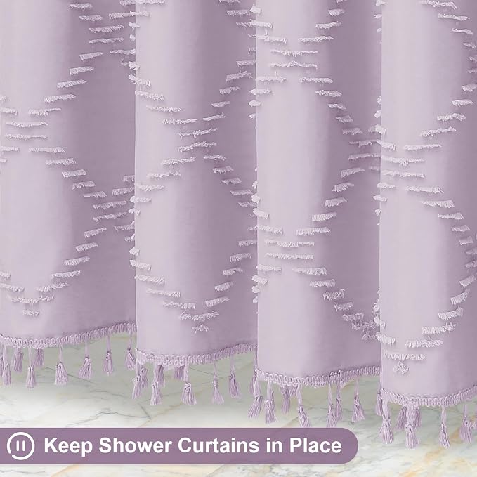 Lavender Boho Fabric Shower Curtain with Tassel 72x84, Tufted Textured | Modern Farmhouse Curtain for Bathroom, Extra Long Bathroom Curtain, Minimalist Decor, Waterproof