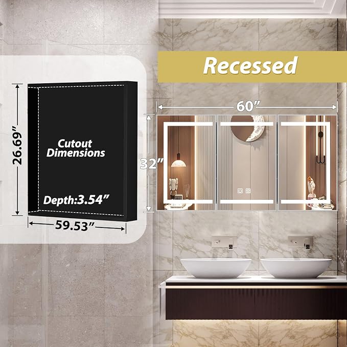 ROOMTEC 60 x 32 Inch Medicine Cabinet Mirror with LED Lights, Silver Bathroom Medicine Cabinet with Mirror and Storage, Recessed or Wall Mount, 3 Color Temperature, Dimmable Light