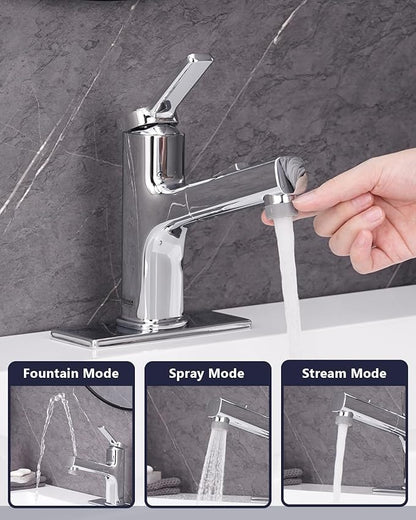 Pull Out Bathroom Faucet, Single Handle Bathroom Sink Faucet with Pull Out Sprayer, Bathroom Faucet for Sink, with Pop-up Drain & Deck Plate 1 or 4-inch Centerset 3 Hole, Chrome