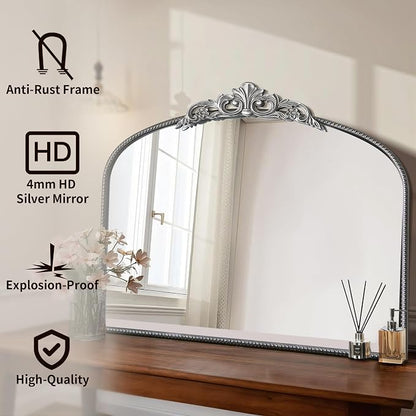 Micasso Vintage Silver Arched Mirror: 36"x29" Baroque Antique Wall Mirror | Traditional Ornate French Decorative Wall Mirror for Bedroom/Bathroom/Entryway/Hallway/Dresser/Vanity/Mantel/Nightstand