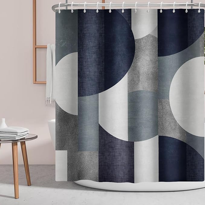 Navy Blue Shower Curtain Abstract Modern Geometry Circles Contemporary Style,Grey Fabric Shower Curtains Bathroom Accessories 72x72 Inches