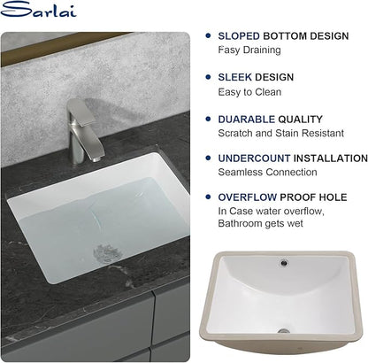 Sarlai Undermount Rectangular Vessel Sink - 18 x 14 inch Modern White Ceramic, Vanity Sink Art Basin with Overflow, Interior 16.25"x11.8"x6.5"