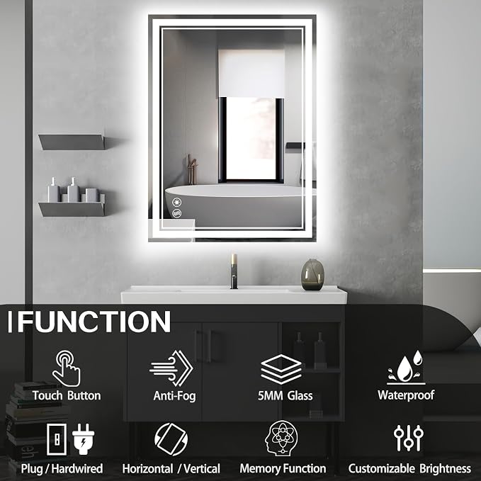 28“ x 36” LED Bathroom Mirror Fogless LED Mirror for Bathroom Dimmable 3 Colors Lights Smart Vanity Mirror Touch Sensor Home Decor Wall Mounted Horizontal/Vertical