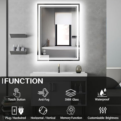 28“ x 36” LED Bathroom Mirror Fogless LED Mirror for Bathroom Dimmable 3 Colors Lights Smart Vanity Mirror Touch Sensor Home Decor Wall Mounted Horizontal/Vertical