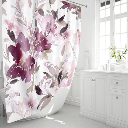 MAYZUS Floor to Ceiling Extra Long Flower Shower Curtain 72x96 Inch, Mauve | X-Long Tall Watercolor Floral Modern Abstract Bathroom Fabric Shower Curtain Set with Hooks