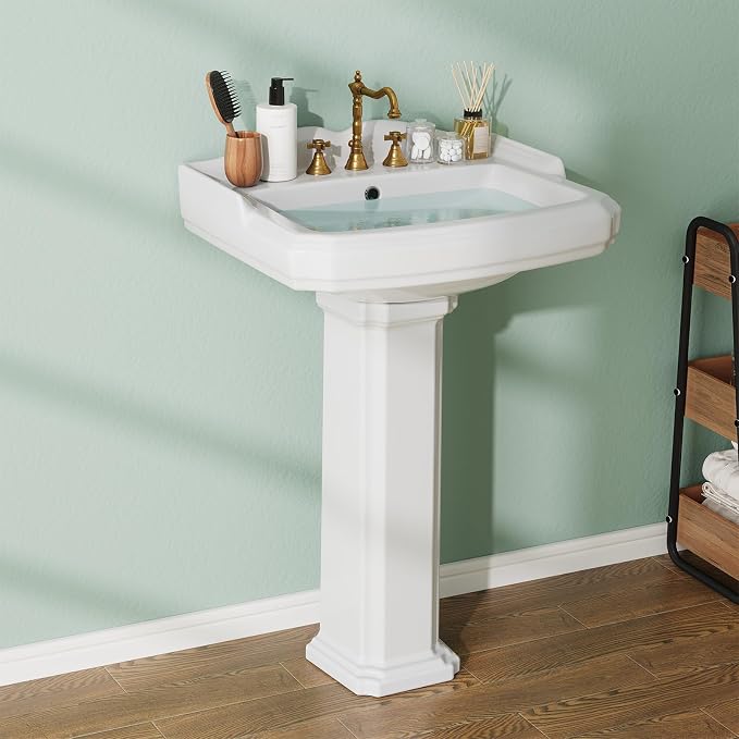 Vintage Bathroom Pedestal Sink, 19 in L x 23 in W Retro White Bathroom Sink With Overflow Hole, Freestanding Ceramic Sink With 3 Pre-Drilled Holes for 8 in Faucets