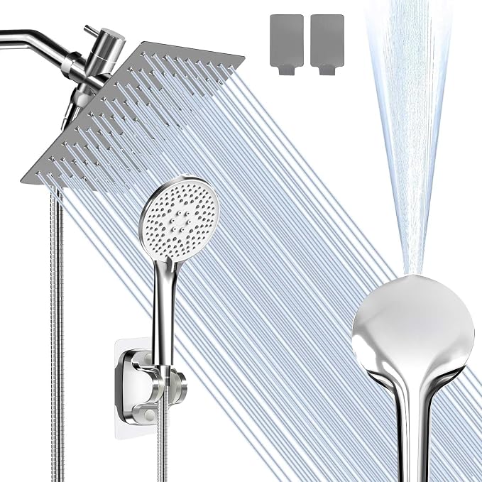 Airlex Shower Head Rain Shower Head with Handheld Spary, High Pressure Rainfall Showerhead and 4 Modes Handheld Shower Heads Built-in Power Wash with 71 Inch Stainless Steel Hose, 8'' Sliver
