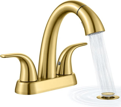 Ultimate Unicorn Brushed Gold Bathroom Sink Faucet - 4 Inch Centerset Pull Down Vanity Faucets 3 Hole with Pop Up Drain - Two Handle Modern Washbasin Tap Set with Pull Out Sprayer for Rv Restroom