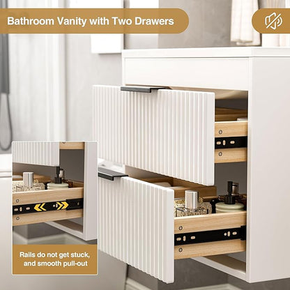 36 Inches Modern MDF Bathroom Vanity with Sink, Wall Mounted Floating Cabinets w/Double Drawers, Black Handles, White Resin Sink Combo Set (White, 36")