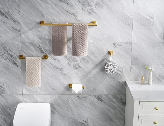 Miyili 4-Pieces Gold Bathroom Accessories Set Bath Hardware Kit - Includes Double Towel Bar, Hand Towel Rack, Toilet Paper Holder, Robe Hook, BS02G4A