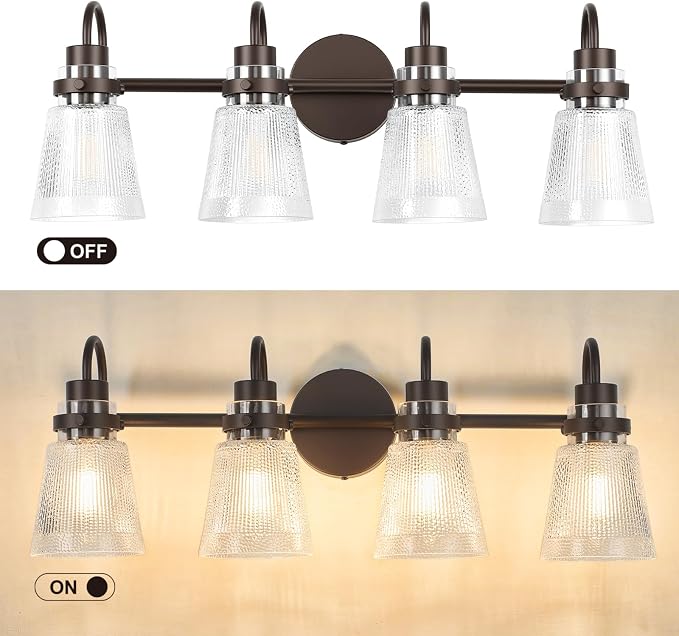 Vintage Farmhouse Vanity Wall Sconce Lighting, 4-Light Oil Rubbed Bronze Bathroom Vanity Light Over Mirror with Clear Striped Glass Shade, 25.7" Retro Wall Lamp for Bedroom Living Room