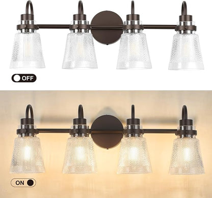 Vintage Farmhouse Vanity Wall Sconce Lighting, 4-Light Oil Rubbed Bronze Bathroom Vanity Light Over Mirror with Clear Striped Glass Shade, 25.7" Retro Wall Lamp for Bedroom Living Room
