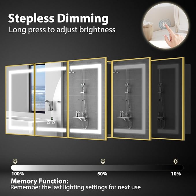 ROOMTEC Lighted Medicine Cabinet with Mirror, Bathroom Mirror Cabinet with Lights and Storage, 3 Doors Bathroom Wall Cabinet with LED Lights,Gold, 48"x32"
