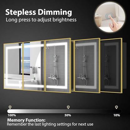 ROOMTEC Lighted Medicine Cabinet with Mirror, Bathroom Mirror Cabinet with Lights and Storage, 3 Doors Bathroom Wall Cabinet with LED Lights,Gold, 48"x32"