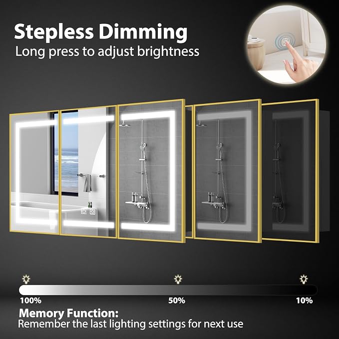 ROOMTEC 60 x 32 Inch Medicine Cabinet Mirror with LED Lights, Gold Bathroom Medicine Cabinet with Mirror and Storage, Recessed or Wall Mount, 3 Color Temperature, Dimmable Light