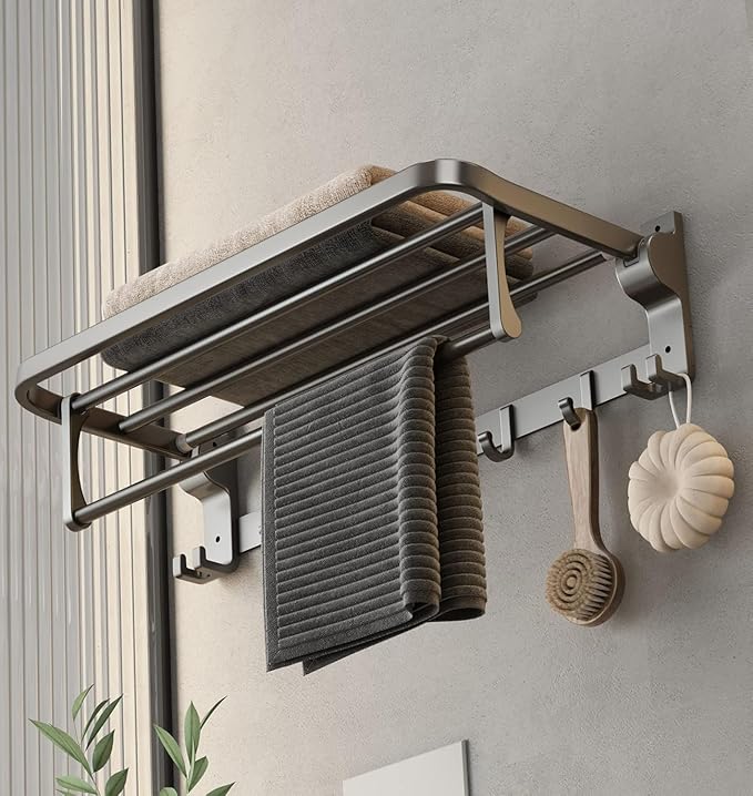 Bathroom Towel Rack with Towel Bar and Hooks 23.6 in Foldable Towel Shelf Wall Mounted Lavatory Towel Organizer Modern Gray Finish