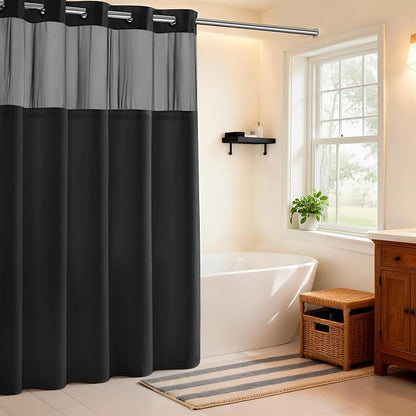 RiverDream Heavyweight Waffle No Hook Shower Curtain with Liner,Black,71x74 | Dotted Waffle,Snap-in Liner,Heavy Duty,Quick Dry,Mesh Top Window,With Bottom Magnets,Hotel-Grade,Washable,Standard Size