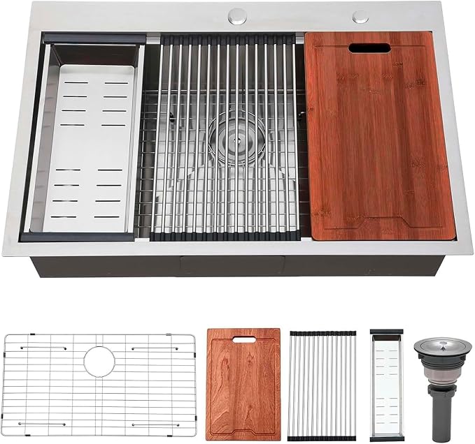 33x22 Drop in Kitchen Sink, SUS304 Stainless Steel Top Mount Workstation Sink, 16 Gauge Brushed Nickel Single Bowl Kitchen Sinks with Accessories for Kitchen Laundry Utility