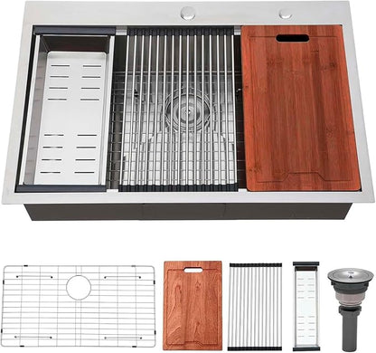 33x22 Drop in Kitchen Sink, SUS304 Stainless Steel Top Mount Workstation Sink, 16 Gauge Brushed Nickel Single Bowl Kitchen Sinks with Accessories for Kitchen Laundry Utility