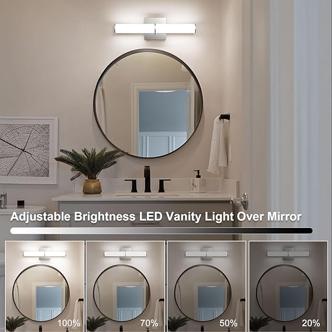 OOWOLF 17.3Inch Modern Vanity Light Fixture with Switch, 12W 5000K Led Bathroom Light Fixture Over Mirror, Hardwired, Brushed Nickel 1200LM Vanity Light Bar for Mirror Bedroom Hallway Living Room