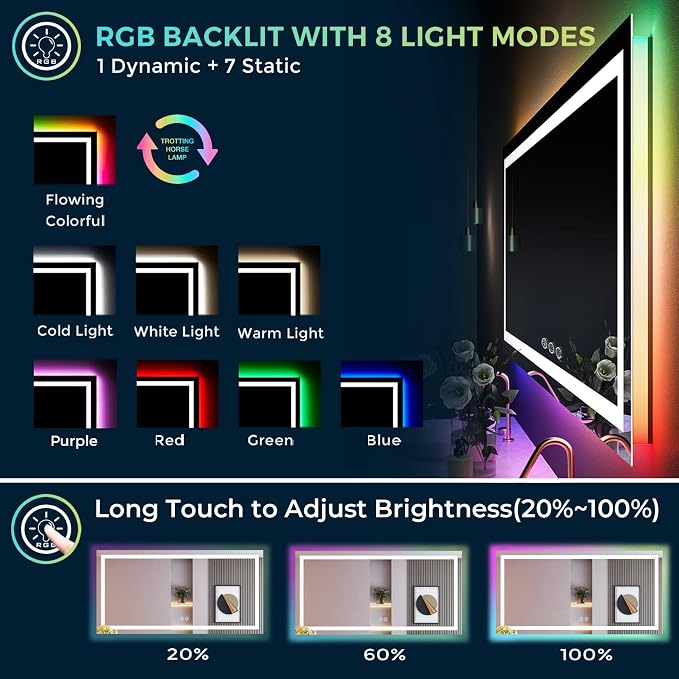 68x40 LED Bathroom Mirror with Lights, RGB Backlit Lighted Mirror | Backlit and Front Light, Anti-Fog, 3 Color Dimmable, Memory, Tempered Glass, IP54 Waterproof, UL Listed