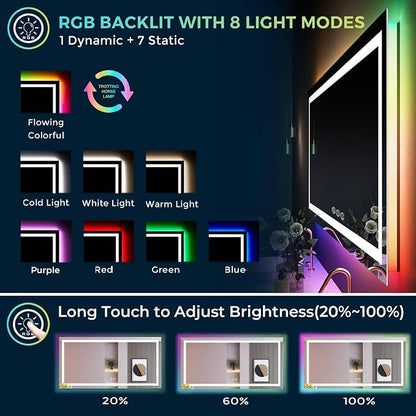 68x40 LED Bathroom Mirror with Lights, RGB Backlit Lighted Mirror | Backlit and Front Light, Anti-Fog, 3 Color Dimmable, Memory, Tempered Glass, IP54 Waterproof, UL Listed