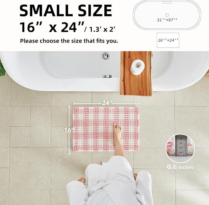 TYUU Waffle Bath Mat, Small Cute Bathroom Rug Non Slip, 24x16 Pink & White | Super Absorbent Quick Dry Bath Rug, Non-Slip Backing, Soft Waffle Washable Farmhouse Bathroom Mats, Tub, Shower & Home Decor