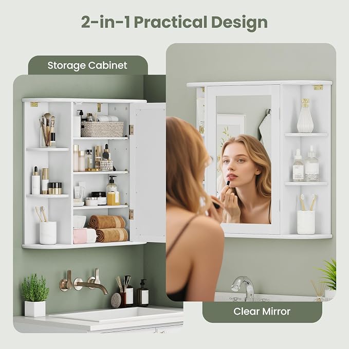 GIANTEX Bathroom Medicine Cabinet (White) | Wall Mounted Medicine Cabinet with Mirrored Door & 4 Interior Shelves, 6 Open Shelves, Space-saving Storage Cabinet
